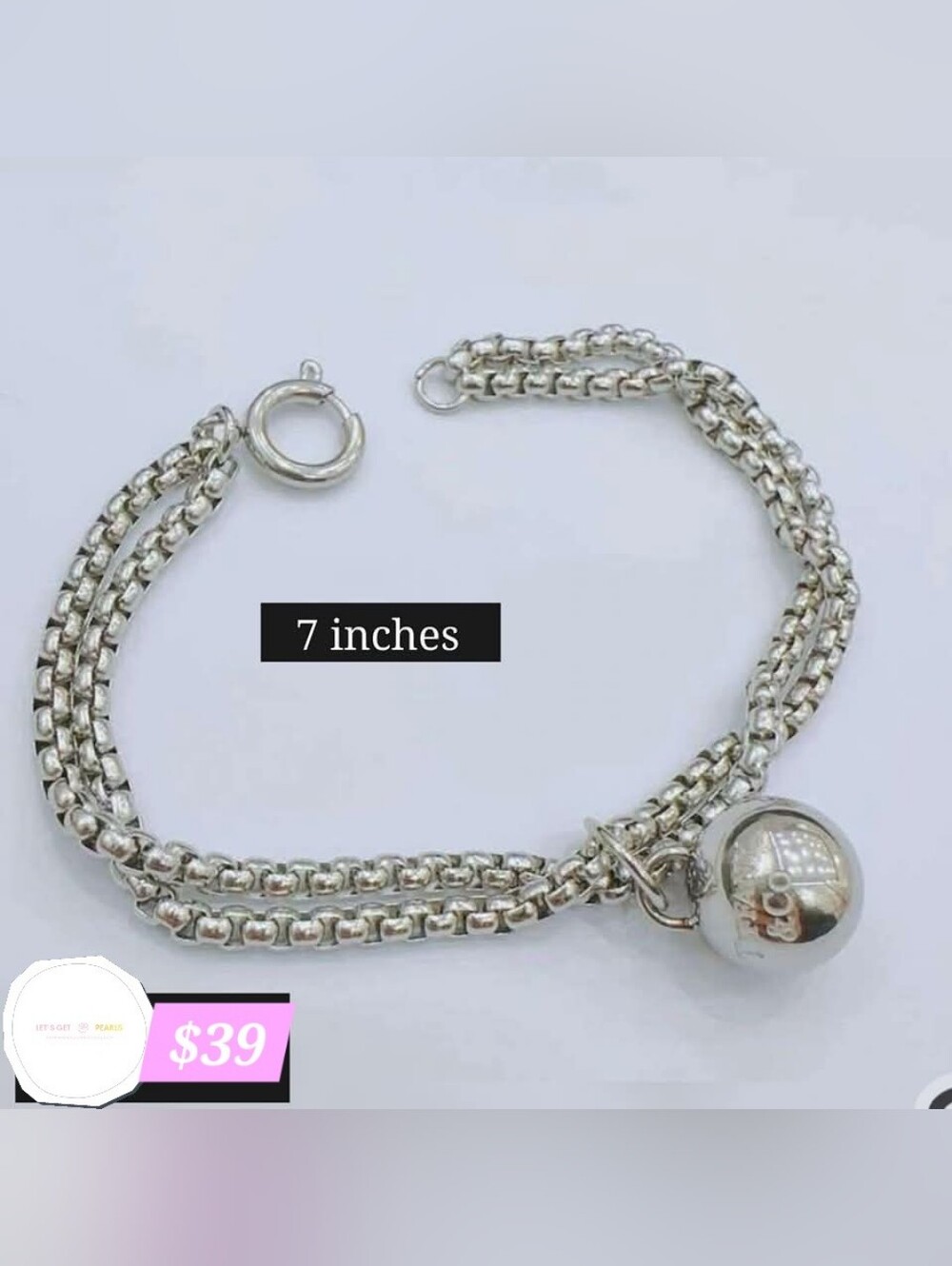 Silver Double-Chain Bracelet with Ball Charm - 7"